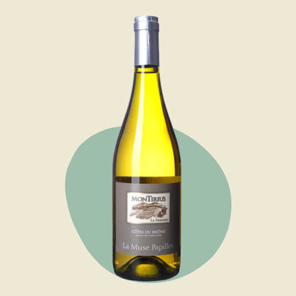 Original bottle of Domaine Montirius 'La Muse Papilles' Côtes du Rhône Blanc 2022