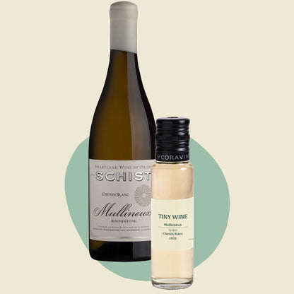 Mullineux “Schist” Chenin Blanc 2023 wine bottle alongside 100ml Tiny Wine tube