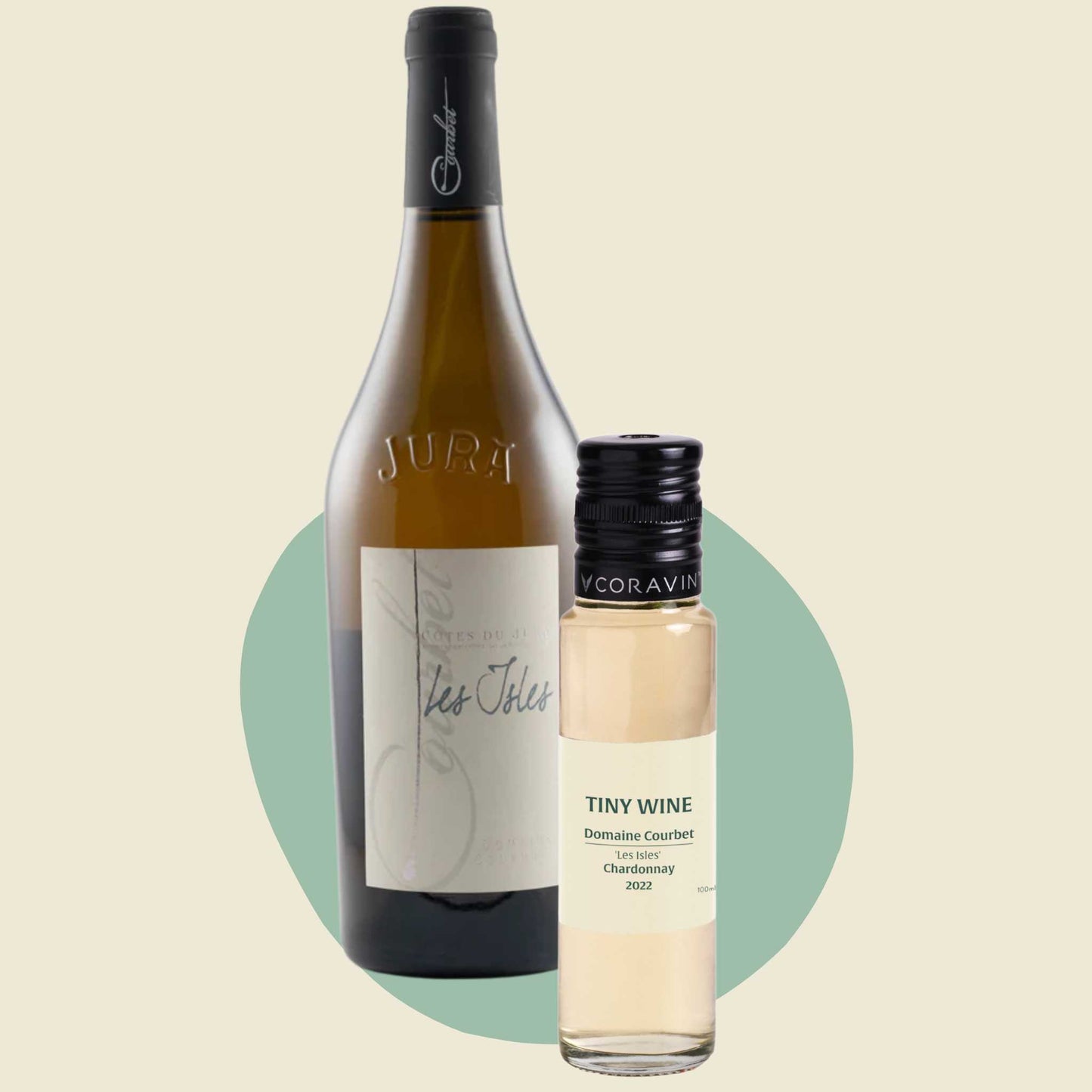 Domaine Courbet 'Les Isles' Chardonnay 2022 wine bottle alongside 100ml Tiny Wine tube