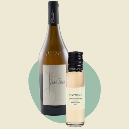 Domaine Courbet 'Les Isles' Chardonnay 2022 wine bottle alongside 100ml Tiny Wine tube