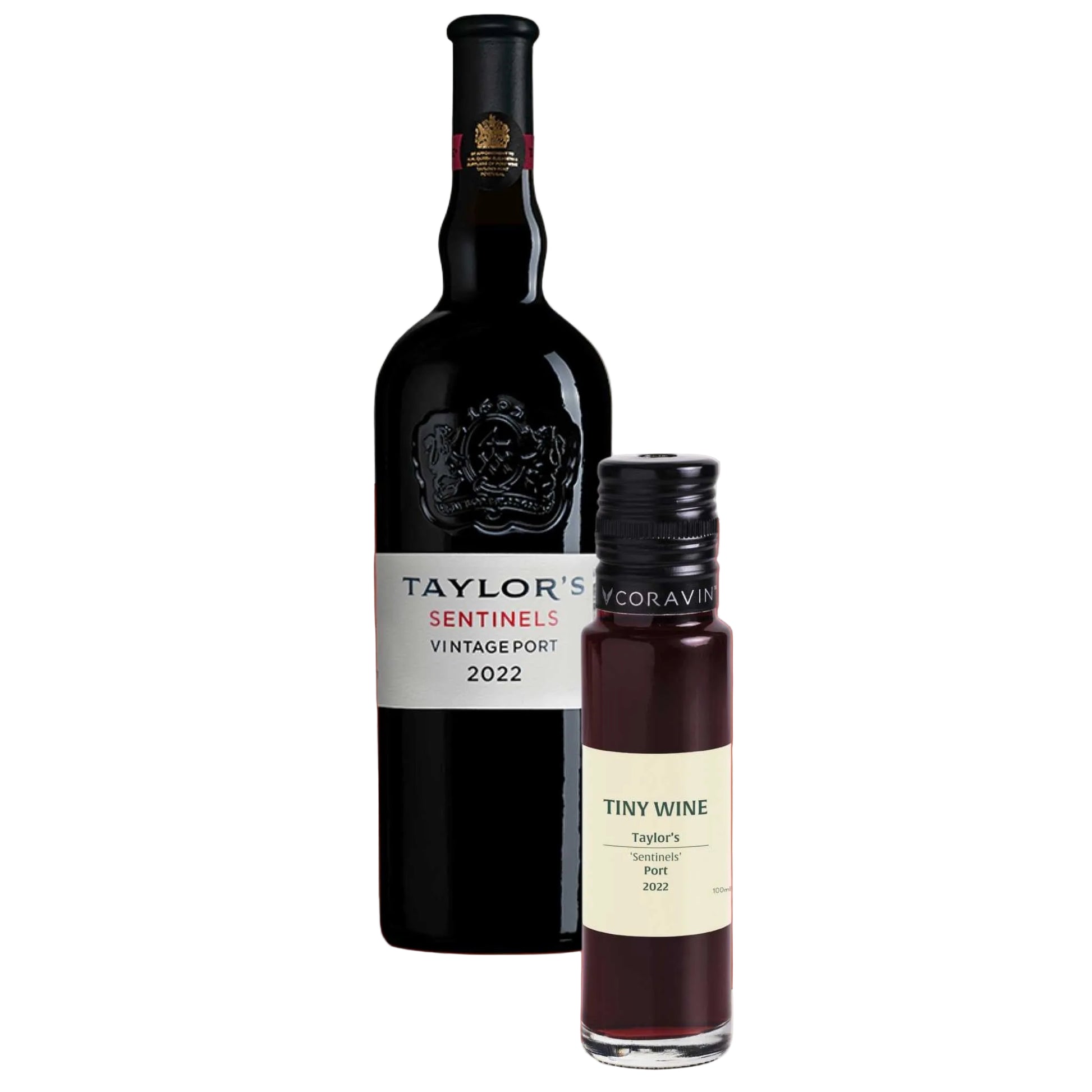 Taylor's Sentinels Port 2022 wine bottle alongside 100ml Tiny Wine tube
