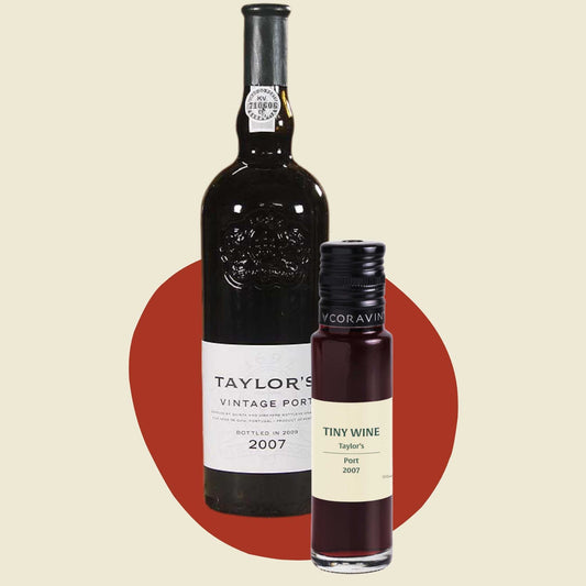 Taylor's Port 2007 wine bottle alongside 100ml Tiny Wine tube