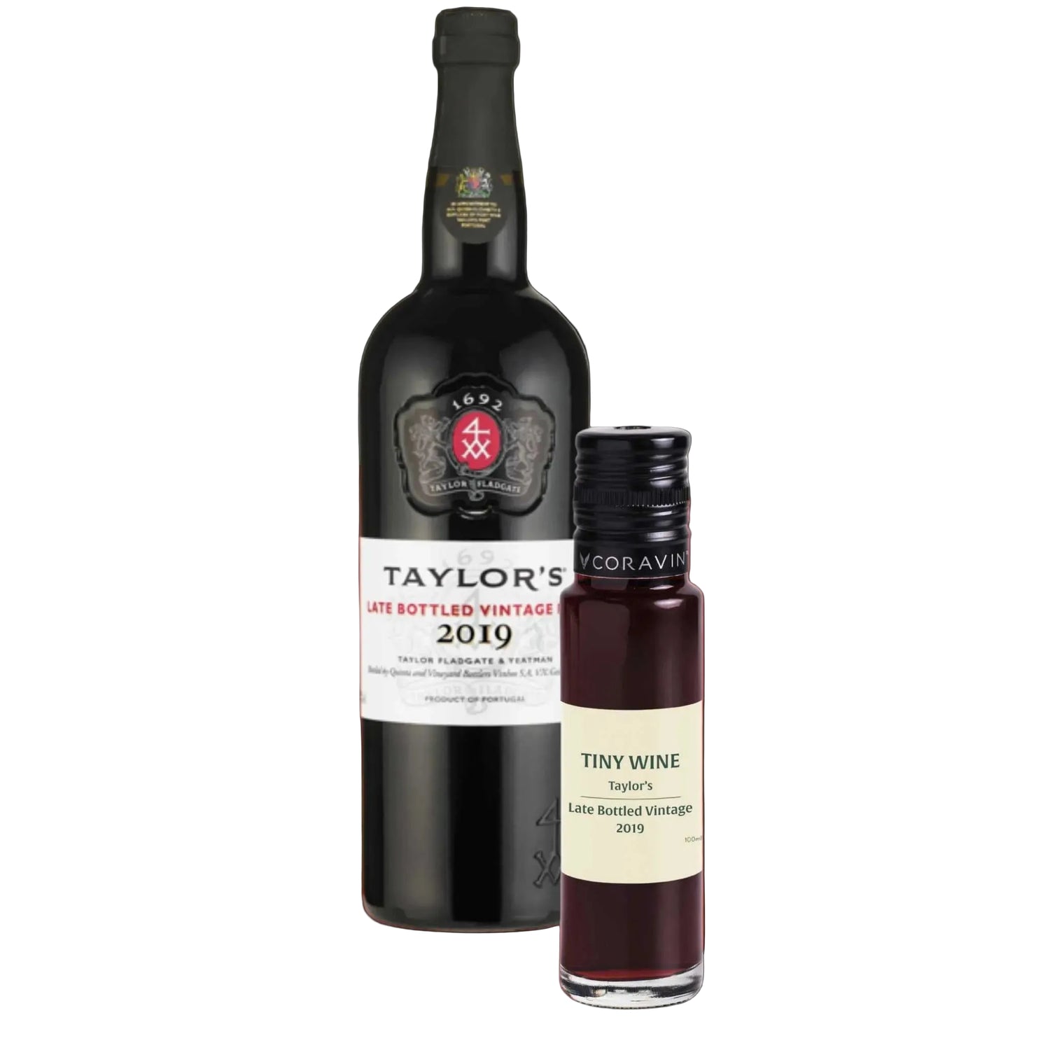 Taylor's LBV Port 2019 wine bottle alongside 100ml Tiny Wine tube