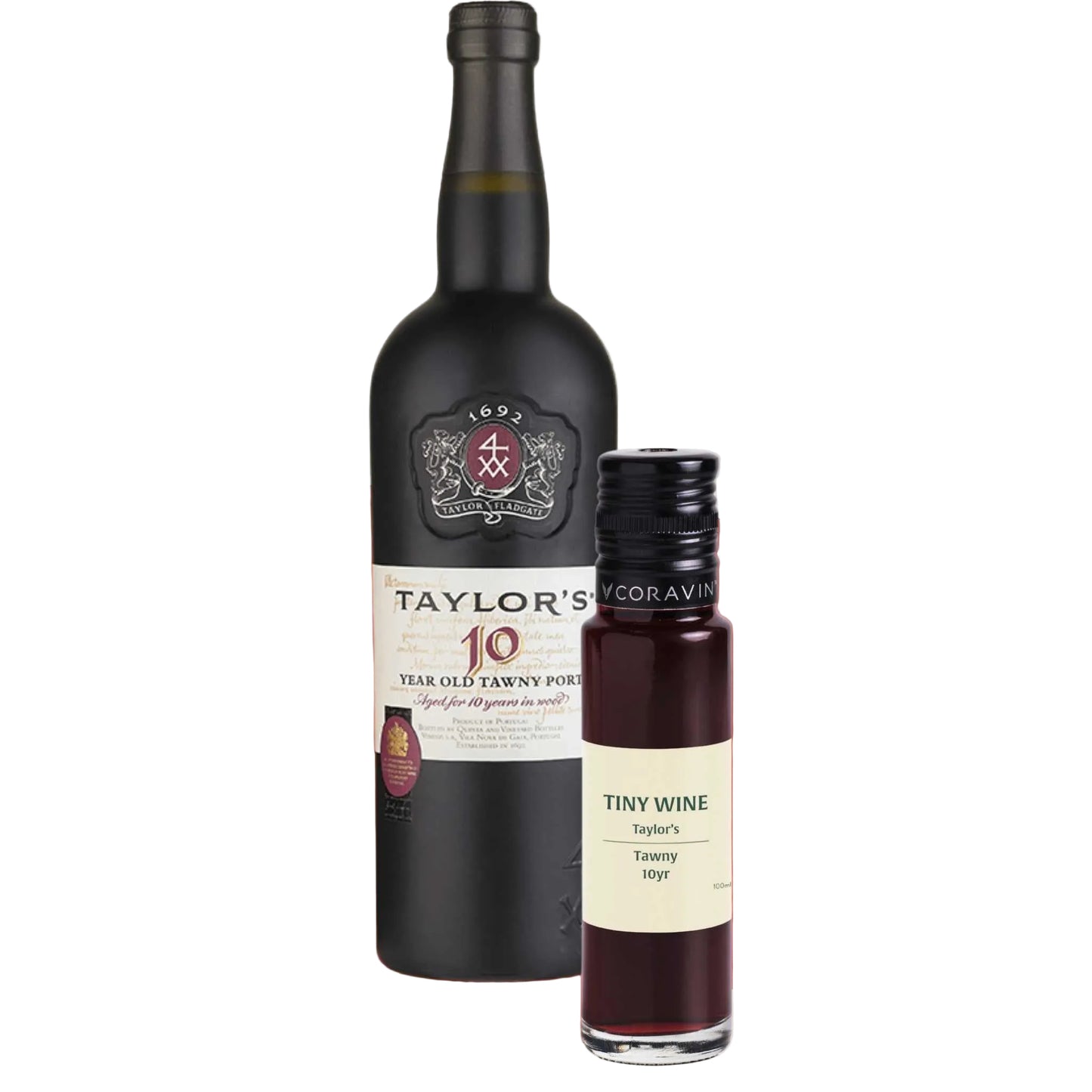 Taylor's 10 Year Old Tawny Port wine bottle alongside 100ml Tiny Wine tube