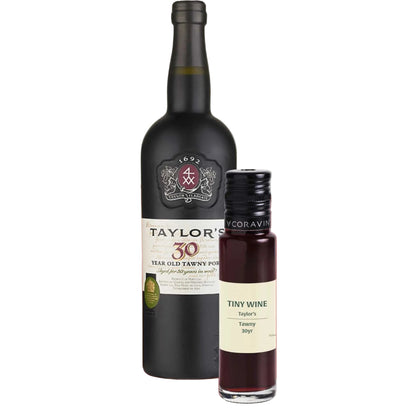 Taylor's 30 Year Old Tawny Port wine bottle alongside 100ml Tiny Wine tube