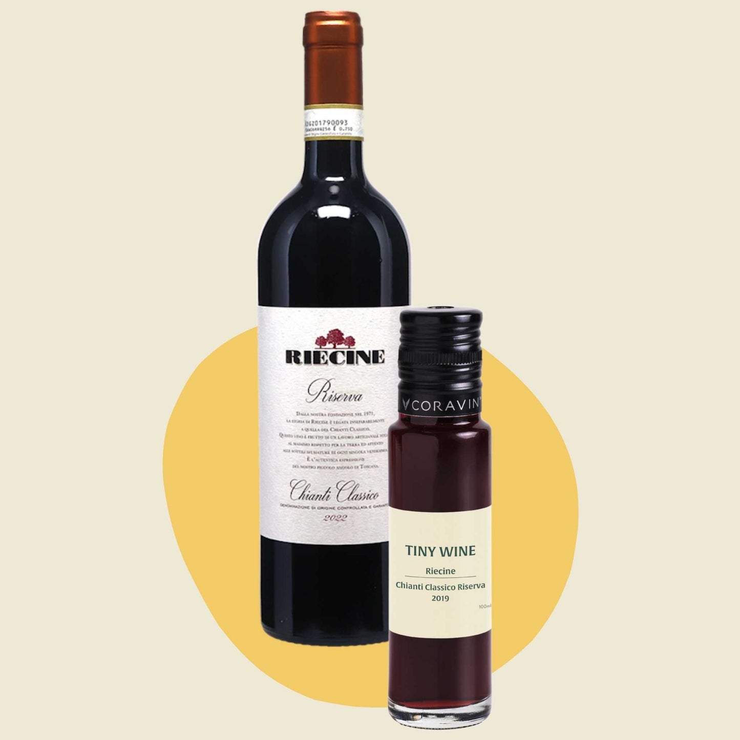 Riecine Chianti Classico Riserva 2019 wine bottle alongside 100ml Tiny Wine tube