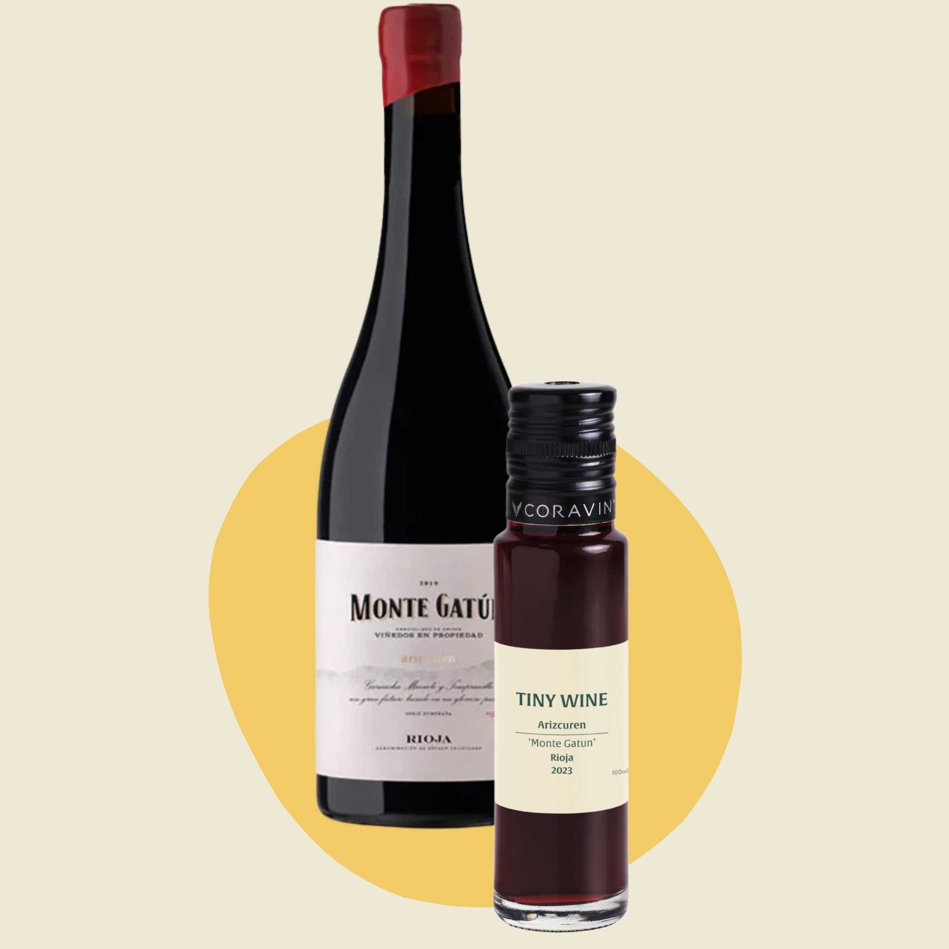 Arizcuren 'Monte Gatún' Rioja 2023 wine bottle alongside 100ml Tiny Wine tube
