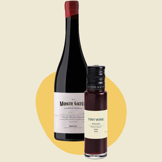 Arizcuren 'Monte Gatún' Rioja 2023 wine bottle alongside 100ml Tiny Wine tube