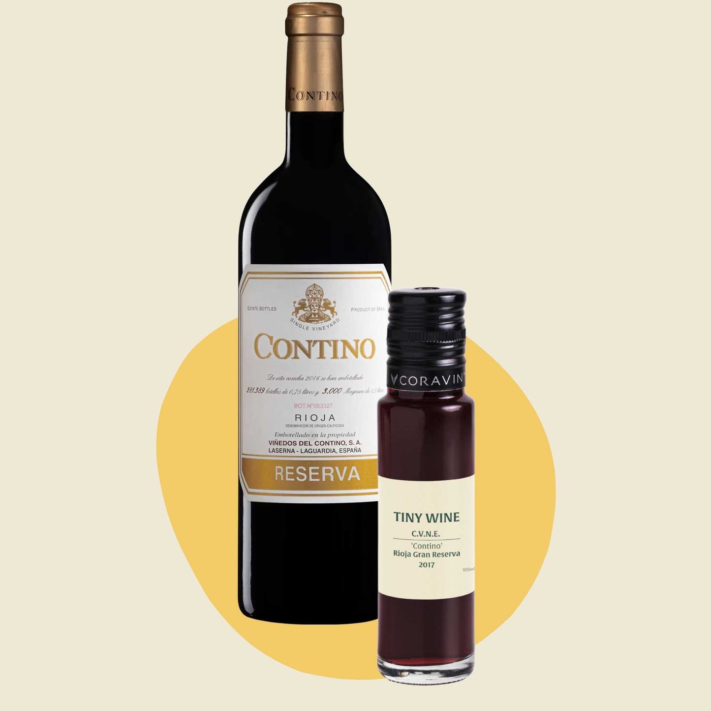 C.V.N.E. 'Contino' Gran Reserva Rioja 2017 wine bottle alongside 100ml Tiny Wine tube