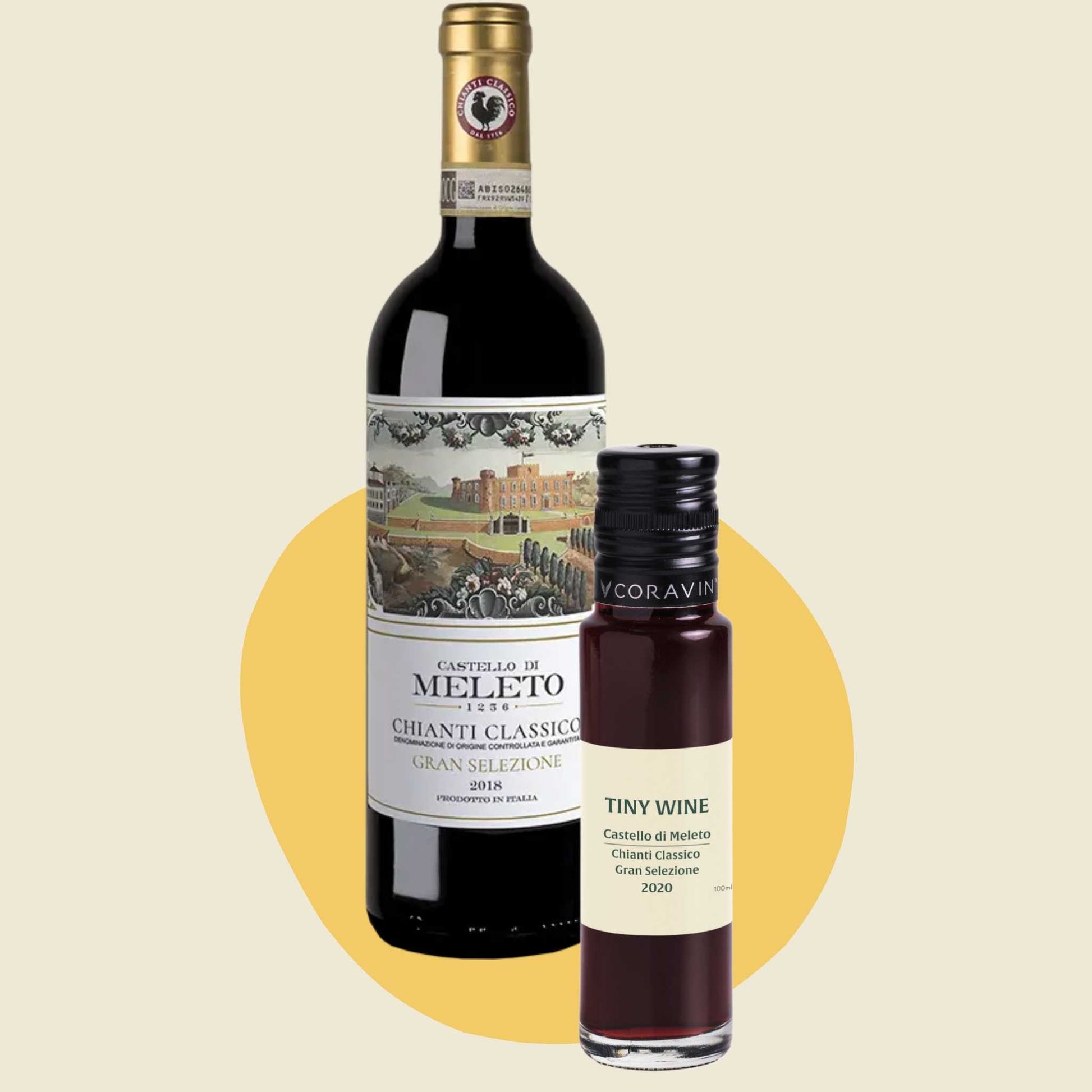Castello di Meleto Chianti Gran Selezione 2020 wine bottle alongside 100ml Tiny Wine tube