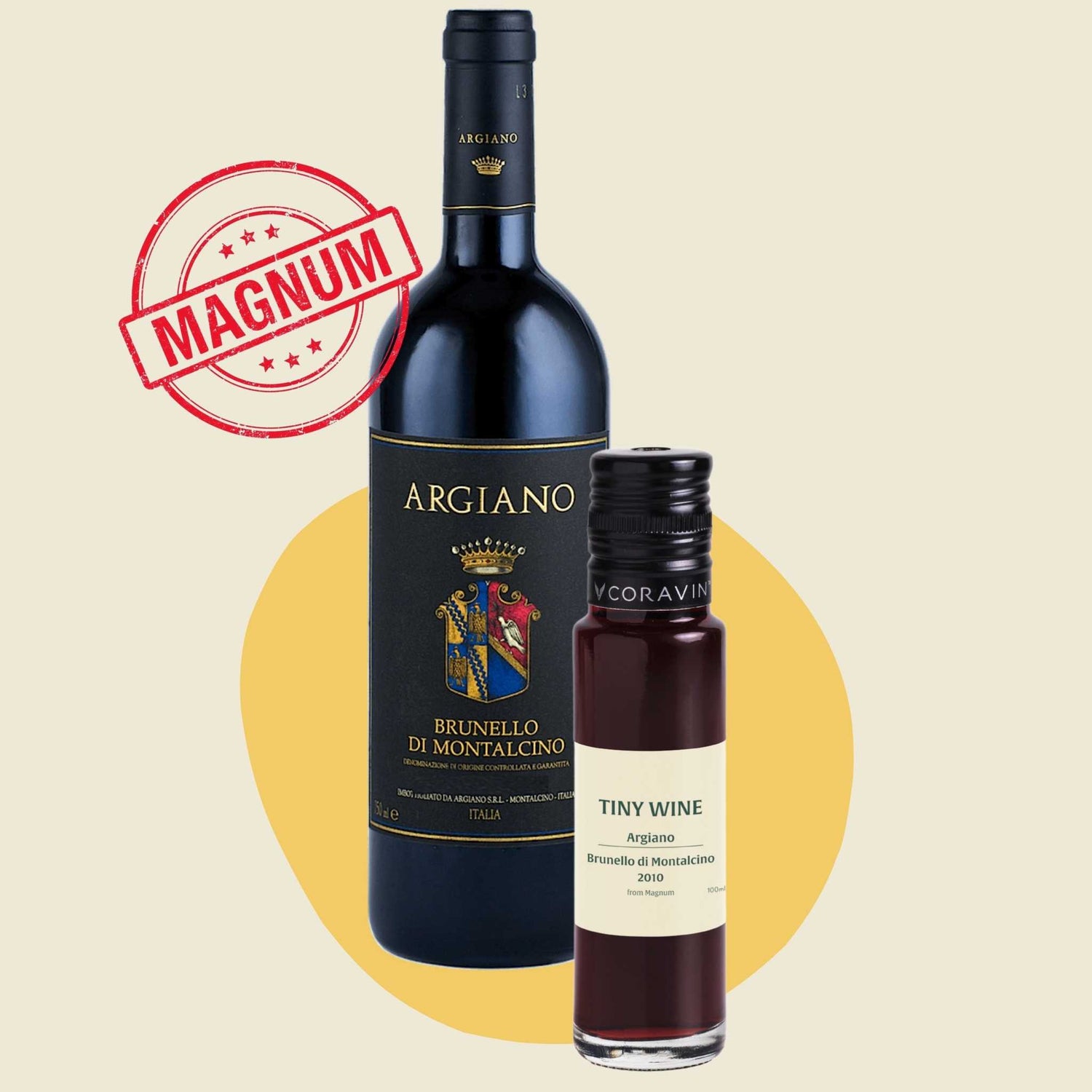 Argiano Brunello di Montalcino 2010 (from magnum) wine bottle alongside 100ml Tiny Wine tube