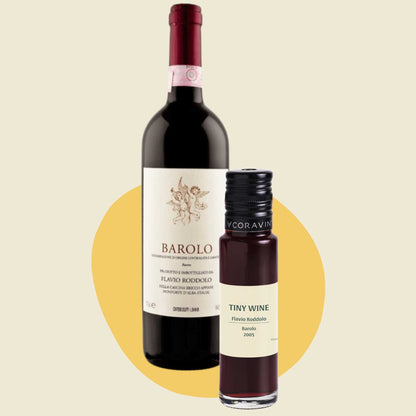 Flavio Roddolo Barolo 2015 wine bottle alongside 100ml Tiny Wine tube