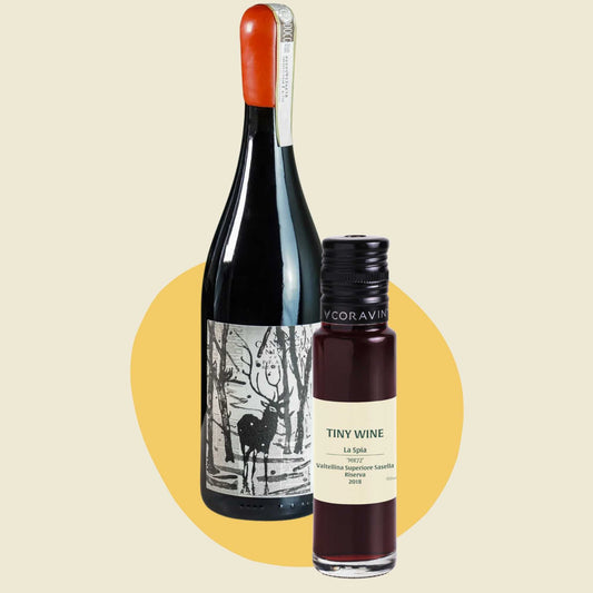 La Spia 'MR72' Valtellina Superiore Sasella Riserva 2018 wine bottle alongside 100ml Tiny Wine tube