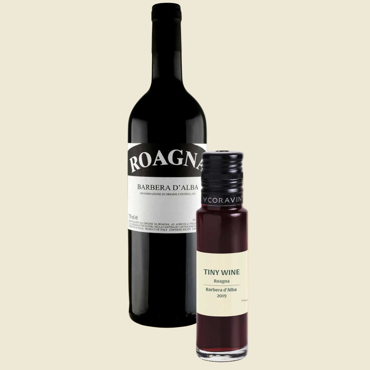 Roagna Barbera d'Alba 2019 wine bottle alongside 100ml Tiny Wine tube