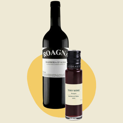 Roagna Barbera d'Alba 2019 wine bottle alongside 100ml Tiny Wine tube