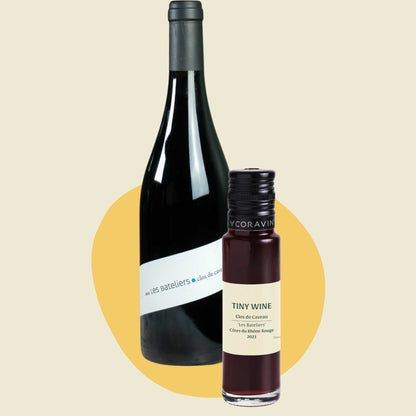 Clos de Caveau 'Les Bateliers' Côtes du Rhône Rouge 2023 wine bottle alongside 100ml Tiny Wine tube