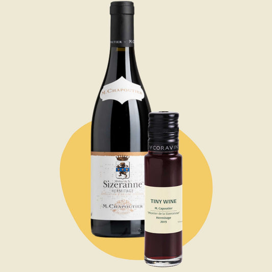 M. Chapoutier 'Monier de la Sizeranne' Hermitage 2019 wine bottle alongside 100ml Tiny Wine tube
