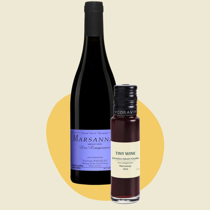 Domaine Sylvain Pataille 'Les Longeroies' Marsannay 2019 wine bottle alongside 100ml Tiny Wine tube