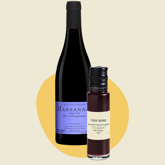 Domaine Sylvain Pataille 'Les Longeroies' Marsannay 2019 wine bottle alongside 100ml Tiny Wine tube