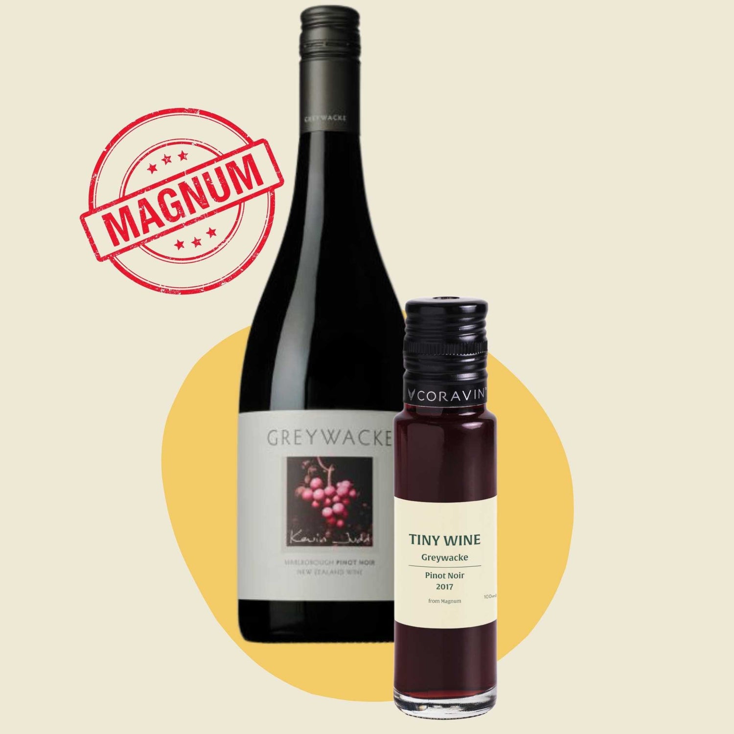 Greywacke Pinot Noir 2017 (from magnum) wine bottle alongside 100ml Tiny Wine tube