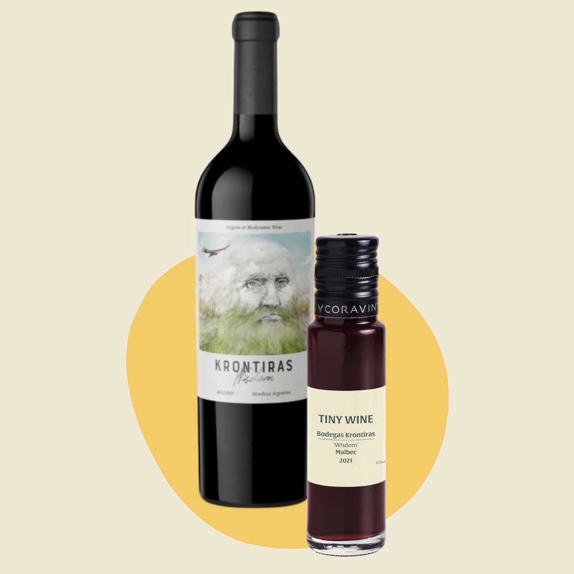 Bodegas Krontiras 'Wisdom' Malbec 2021 wine bottle alongside 100ml Tiny Wine tube