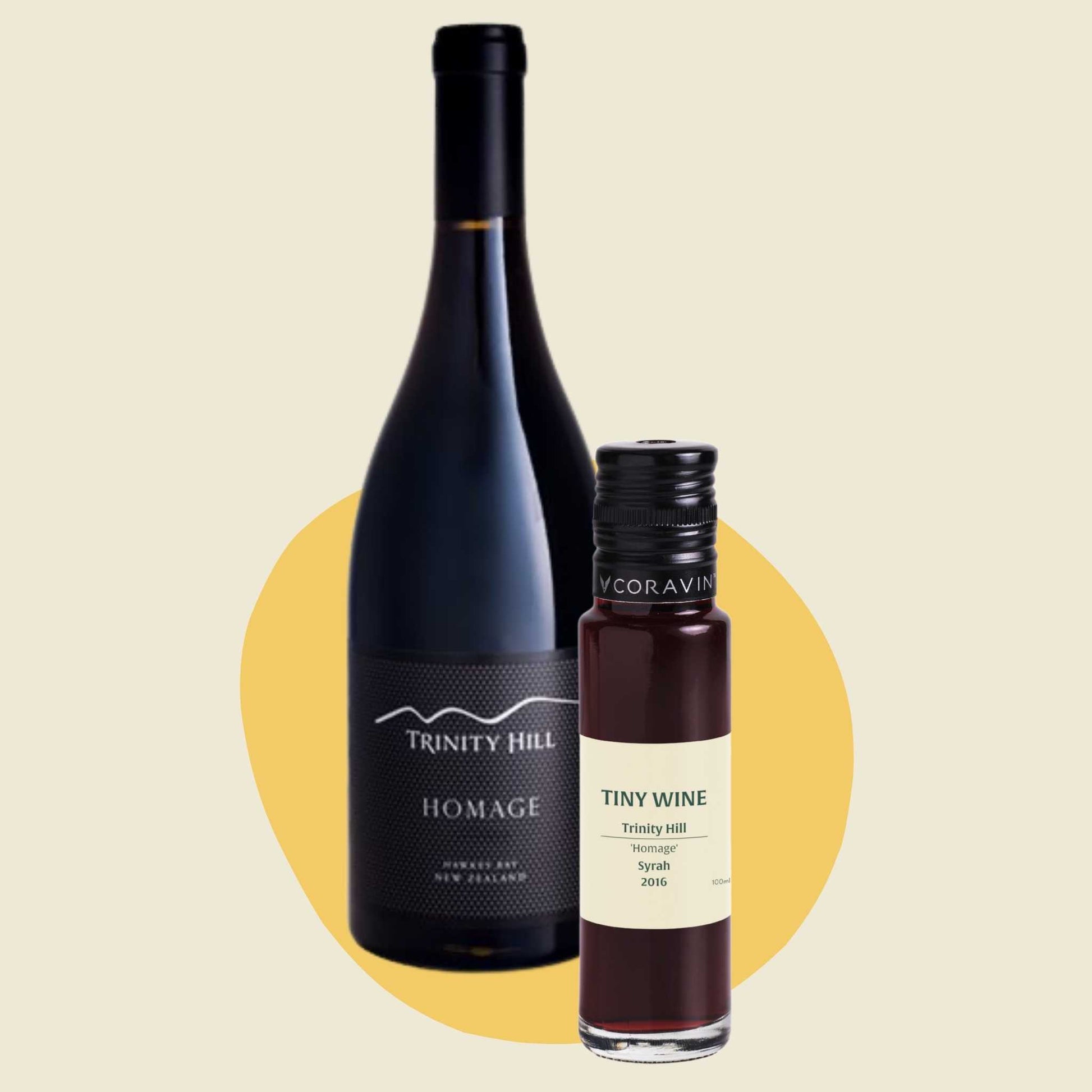 Trinity Hill 'Homage' Syrah 2016 wine bottle alongside 100ml Tiny Wine tube