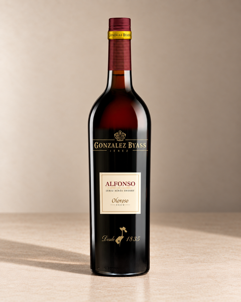 'Alfonso' Oloroso NV single wine bottle on a warm beige studio background