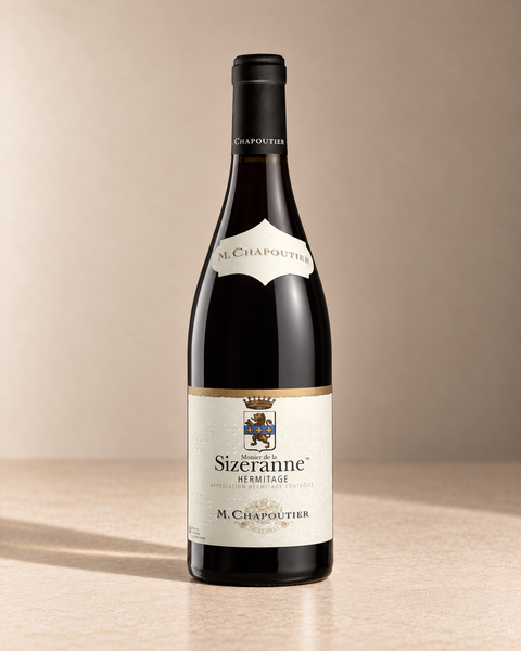 'Monier de la Sizeranne' Hermitage 2020 single wine bottle on a warm beige studio background