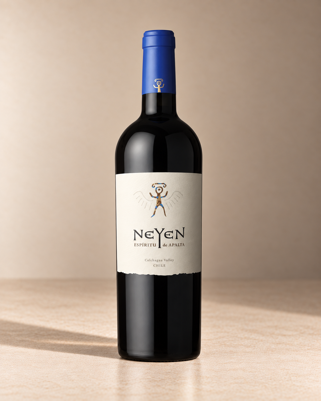 Malbec 2018 single wine bottle on a warm beige studio background