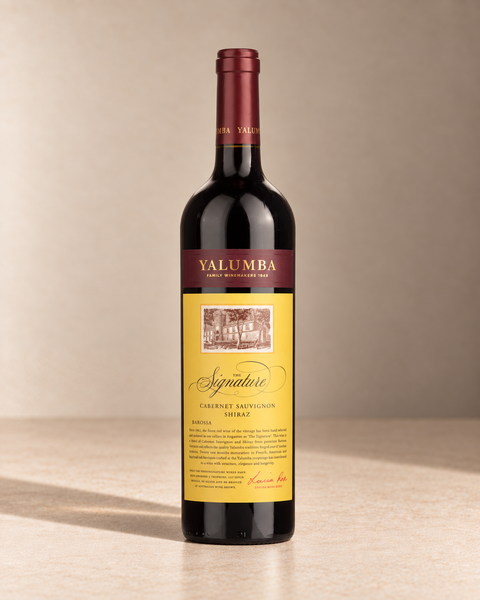 'The Signature' Cabernet-Shiraz 2015 single wine bottle on a warm beige studio background