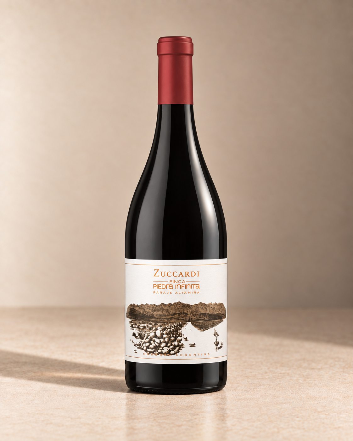 'Piedra Infinita'  Malbec 2019 single wine bottle on a warm beige studio background