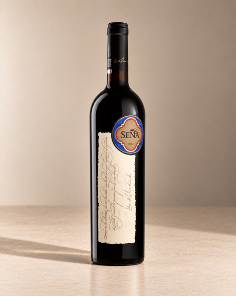 'Seña' Red Blend 2020 single wine bottle on a warm beige studio background