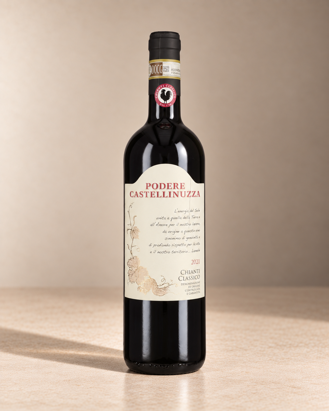 Chianti Classico 2021 single wine bottle on a warm beige studio background