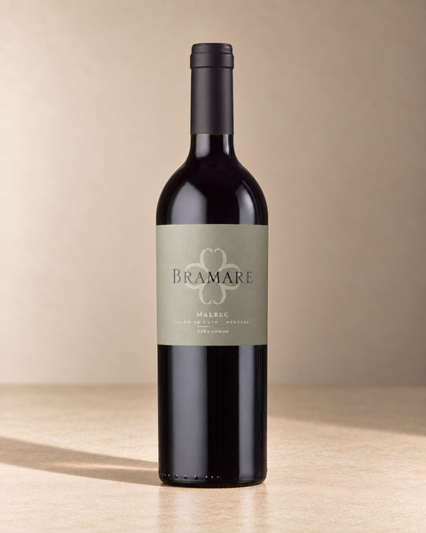 'Bramare' Malbec 2022 single wine bottle on a warm beige studio background