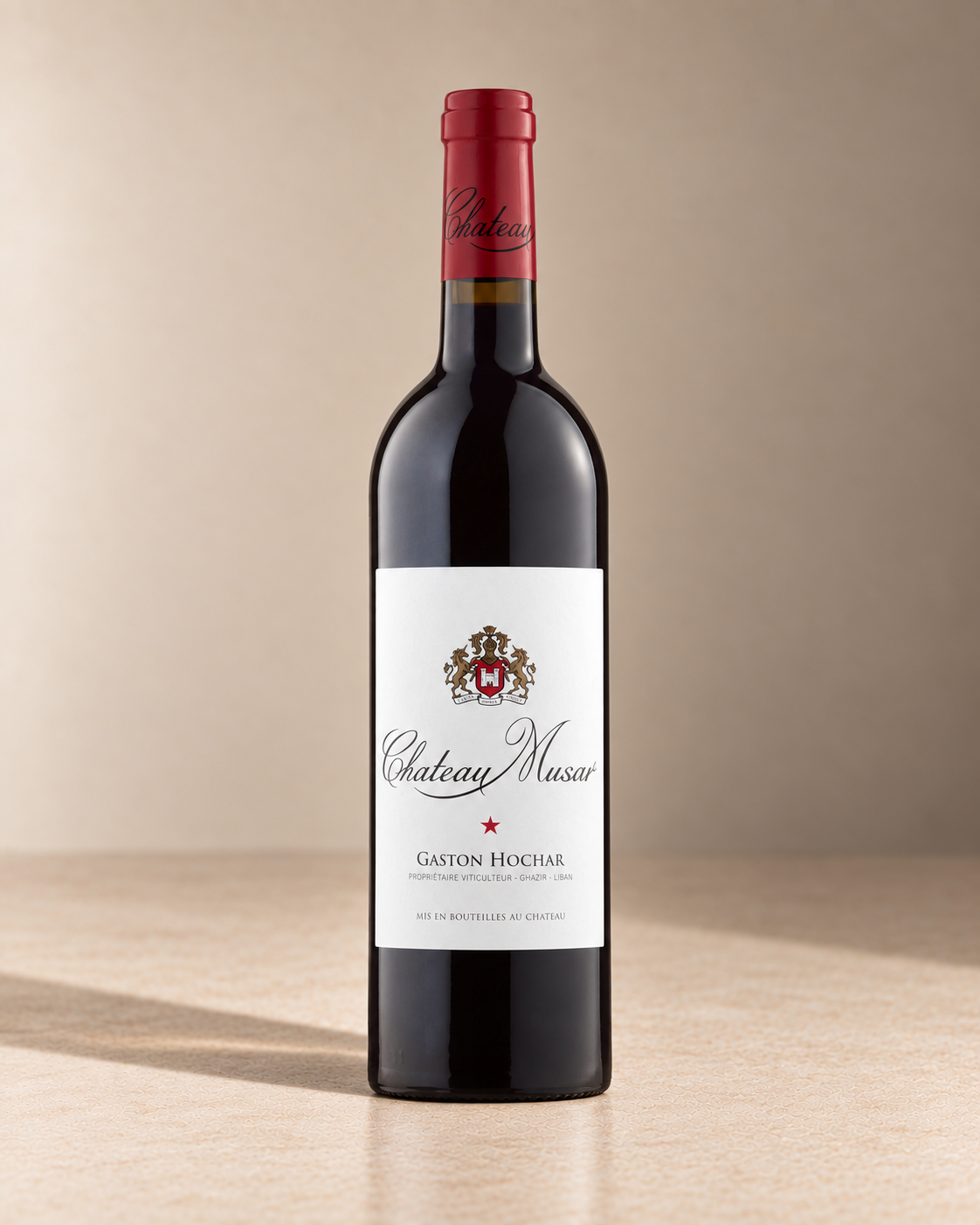 Cabernet Blend 2002 single wine bottle on a warm beige studio background
