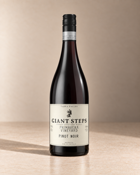 'Primavera Vineyard' Pinot Noir 2018 single wine bottle on a warm beige studio background
