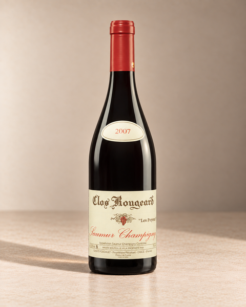 'Les Poyeux' Saumur-Champigny 2007 single wine bottle on a warm beige studio background