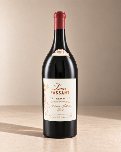 'Dry Red' Cabernet Blend 2015 - from magnum single wine bottle on a warm beige studio background