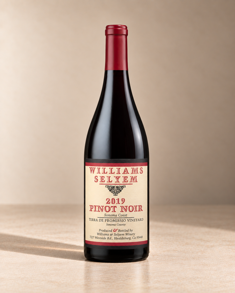 'Sonoma Coast' Pinot Noir 2019 single wine bottle on a warm beige studio background