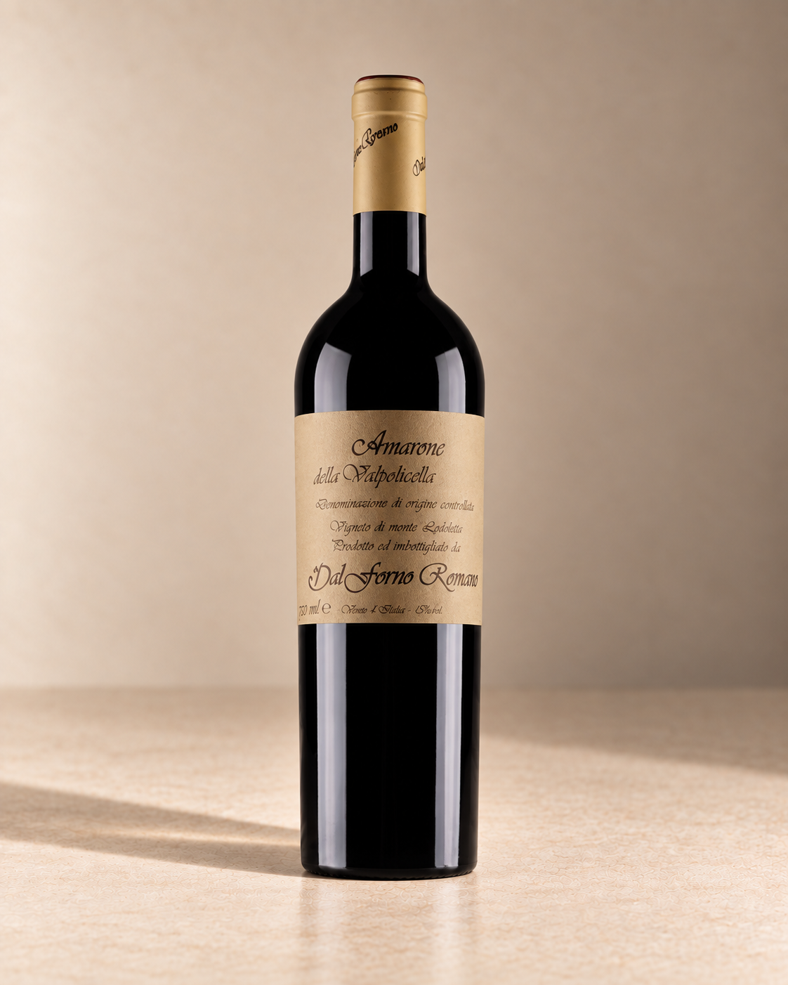 Amarone della Valpolicella 2009 single wine bottle on a warm beige studio background