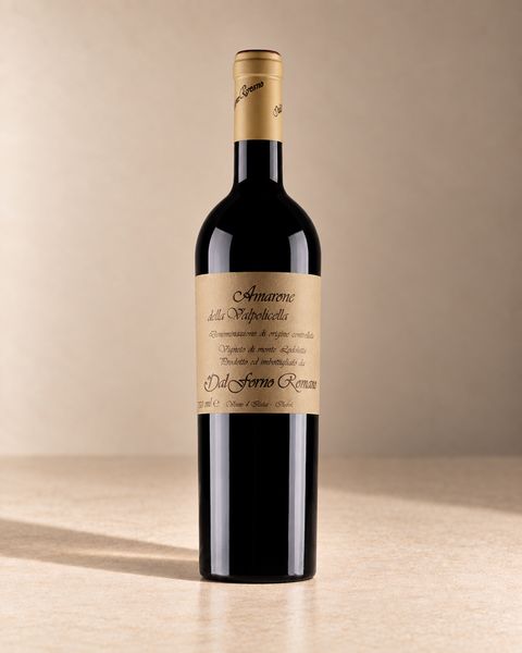Amarone della Valpolicella 2009 single wine bottle on a warm beige studio background
