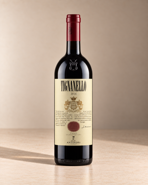 'Tignanello' Toscana IGT 2014 single wine bottle on a warm beige studio background
