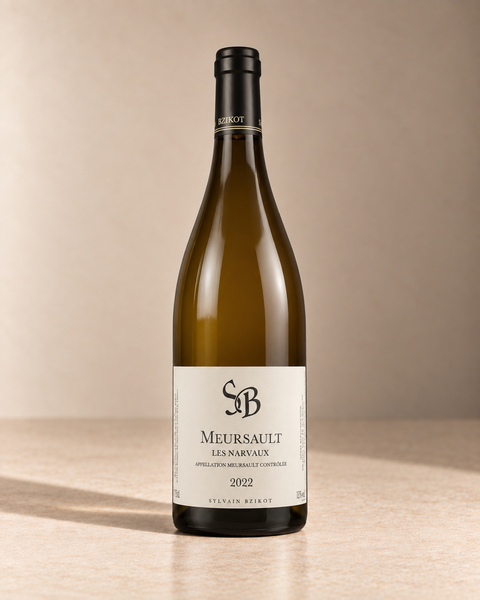 'Narvaux' Meursault 2022 single wine bottle on a warm beige studio background