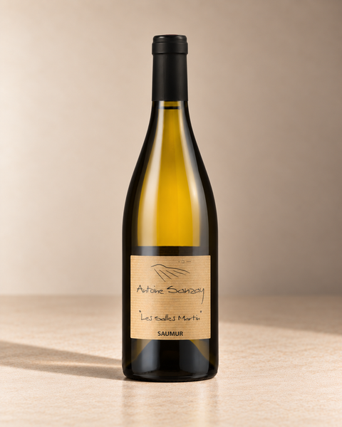 'Les Salles Martin' Saumur Blanc 2022 single wine bottle on a warm beige studio background