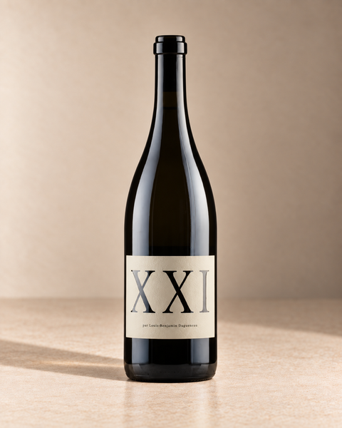 'XXI' Sauvignon Blanc 2021 single wine bottle on a warm beige studio background