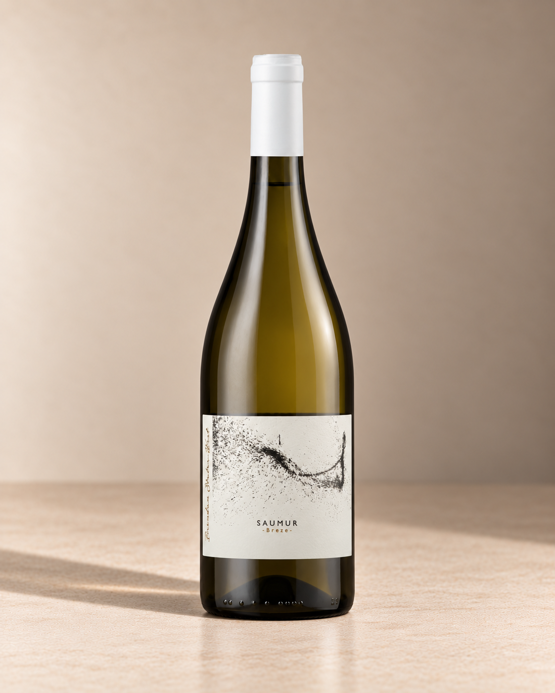 'Breze' Saumur Blanc  2023 single wine bottle on a warm beige studio background