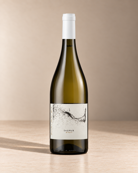 'Breze' Saumur Blanc  2023 single wine bottle on a warm beige studio background