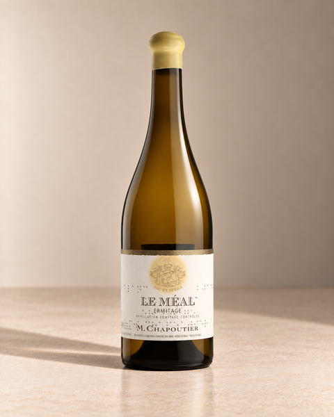 'Le Méal Blanc' Ermitage 2021 single wine bottle on a warm beige studio background