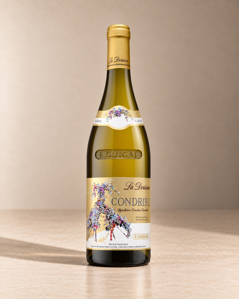 'La Doriane' Condrieu 2023 single wine bottle on a warm beige studio background