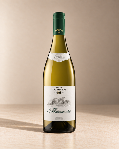 'Milmanda' Chardonnay 2021 single wine bottle on a warm beige studio background